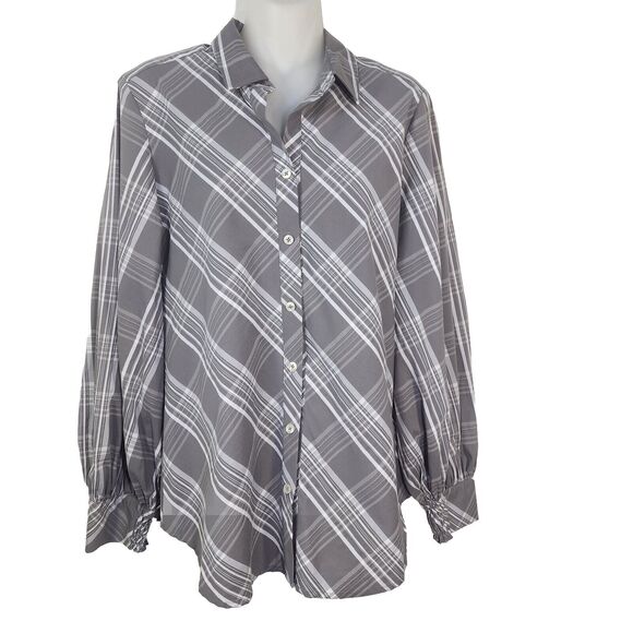 Chico’s Womens Shirt Size 0 US 4 Gray Plaid Poplin Billow Sleeve Button Up Top - Picture 1 of 10
